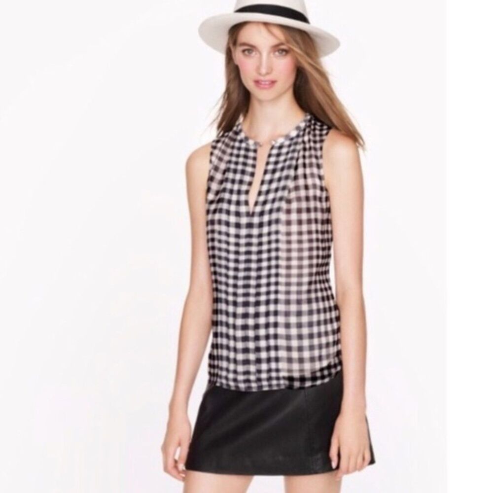 J.Crew 100% Silk Gingham Pleated Sleeveless Blouse